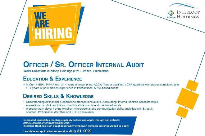 Interloop is hiring Officer Internal audit